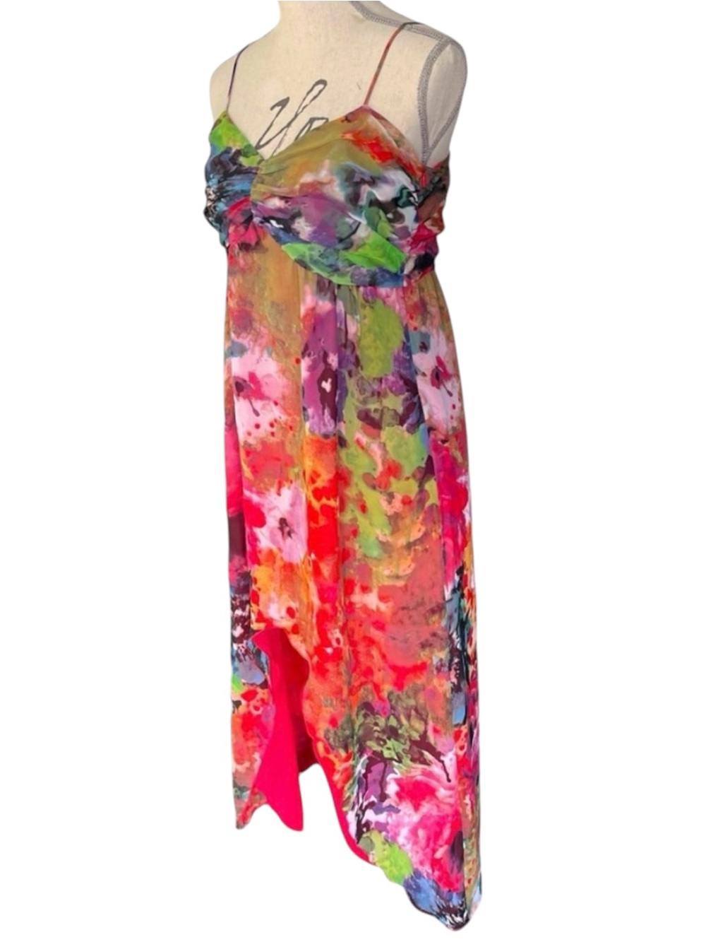 Mario Serrani Abstract Floral Spaghetti Strap Ruche Top Hi-Lo Chiffon Dress (8)